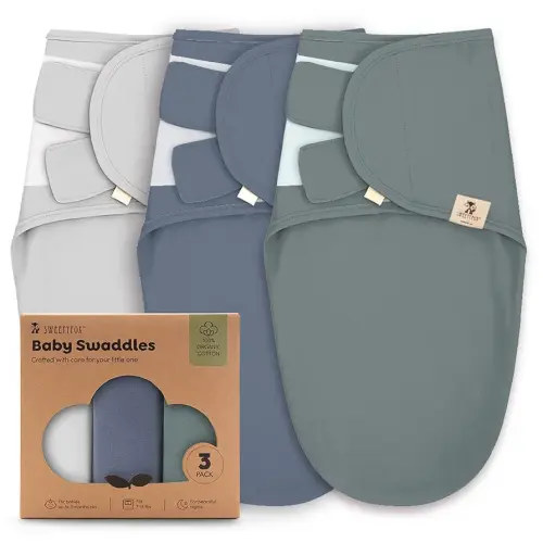Sweety Fox 3-Pack Organic Baby Swaddle Sleep Sacks - Swaddles for Newborns,Infant 0-3 Months,Baby Girls, Boys, Soft & Snug Newborn Sleep Sack, Nursery Swaddling Blankets, Velcro Closure (Grey Nomadic)