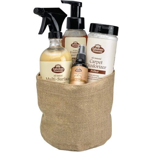 Fabulous Frannie All Natural Protect Scent House Gift Basket includes 16oz Multi-Surface Cleaner, 16oz Carpet Care, 8oz Foam Soap, and Protect Room Mist.
