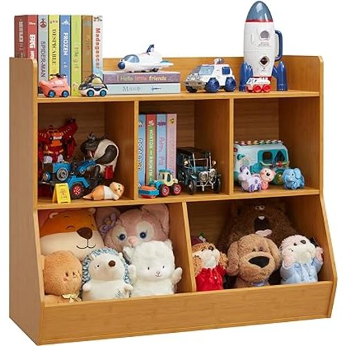 Toy Storage Organizer with Bookshelf, 5-Cubby Children's Toy Shelf, Toy Storage Cabinet, Suitable for Children's Room, Playroom, Hallway, Kindergarten, School (Natural)