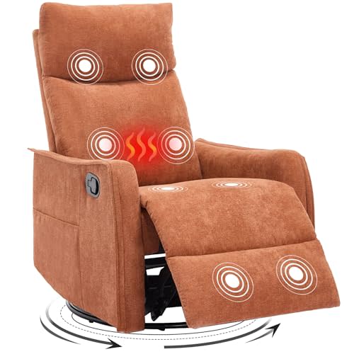 Trustyue Swivel Rocker Recliner Chair, 360° Swivel Recliner with Heat and Massage, Rocker Recliner Upholstered Fabric Nursery Glider Recliner Chair with Side Pockets for Living Room Orange