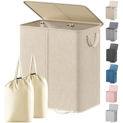 Lifewit Double Laundry Hamper with Lid and Removable Laundry Bags, Large Collapsible 2 Dividers Dirty Clothes Basket with Handles for Bedroom, Laundry Room, Closet, Bathroom, College, 136L Beige