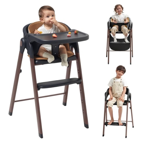 KUB High Chair for Babies and Toddlers Adjustable Foldable Convertible 5 Point Harness Easy Clean Wood-Printed Metal with Removable Tray Baby Highchair for Family (Black&Walnut Wood-Printed Metal)