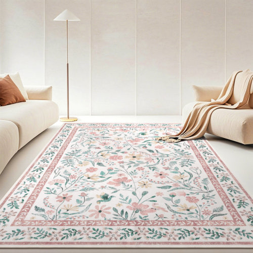 Pink Floral Machine Washable Area Rug with Non-Slip Backing