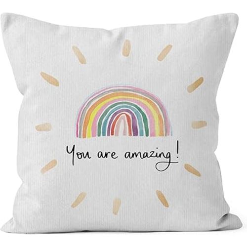 HIWX Rainbow Pillow Cover, You Are Amazing Inspirational Quote Decorative Throw Pillowcase, Classroom Boho Sun for Girls Nursery Decor 18 x 18