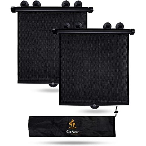 EcoNour Car Window Covers for Baby (2 Pack) | Retractable Car Window Shades for Protecting Kids, Passengers & Pets from Harmful Sun Rays | Window Sun Shade for Trucks, SUVs | (22”x24”)