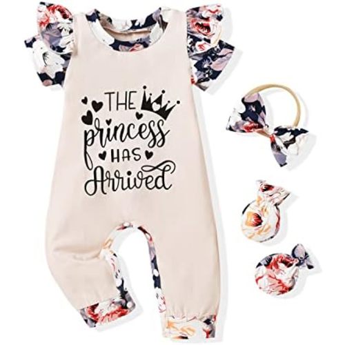 HINTINA Preemie Newborn Baby Girl Letter Print Romper Jumpsuit Gloves Headband Clothes Set