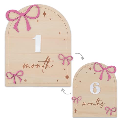 Daisy 3D Baby Monthly Milestone, Wooden Baby Milestone Signs, Monthly Milestone Wood Discs, Baby Milestone Discs (Pink Ribbon)