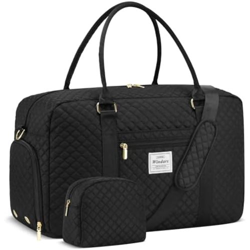 Travel Duffle Bag, Weekender Bags for Women with Shoe Compartment, Carry on Overnight Bag with Toiletry Bag & Wet Pocket, Hospital Bags for Labor and Delivery (Black)