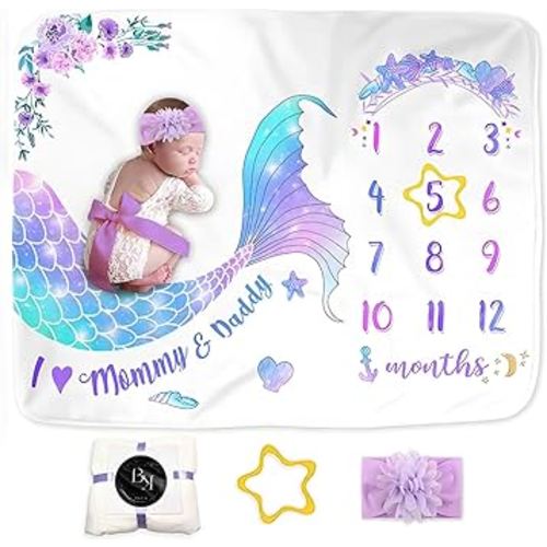 BrandKingShop Milestone Blanket Baby Girl, Mermaid Baby Monthly Milestone Photo Blanket for Newborn, Thick Fleece Photography Prop for Baby, Includes 1 Frame + 1 Headband, 60”x 40”, BM001