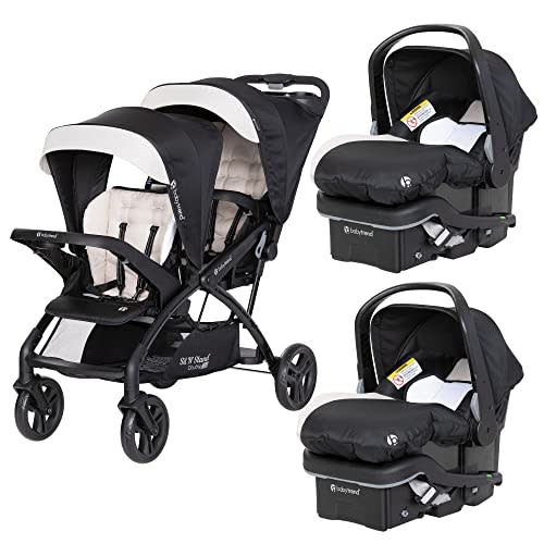 Baby Trend Sit N' Stand Tandem Double Stroller w/ 2 Pack EZ-Lift Plus Infant Car Seats, Khaki
