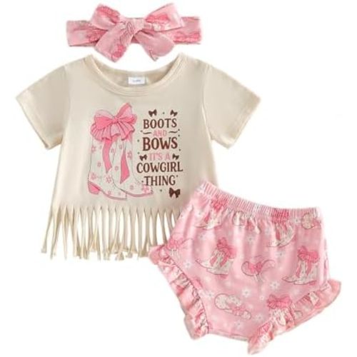 Western Baby Girl Clothes Summer Short Sleeve Letter Tassel T Shirt Romper Bloomer Shorts Set Infant Country Outfit