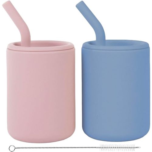 WeeSprout Silicone Baby Cups With Straws and Lids, 4 & 8 oz Options, Set of 2, Food Grade Toddler Training Container, Built In Straw Stoppers, Measurement Markings, Dishwasher Safe + Straw Cleaner