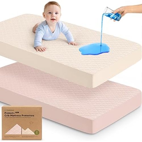 Waterproof Crib Mattress Protector Cover Fitted - 2-Pack Quiet Baby Mattress Topper Crib Sheets, 52" x 28" Soft Quilted Cotton Baby Sheet, Easy Fit, Durable Toddler Liner (Cameo)