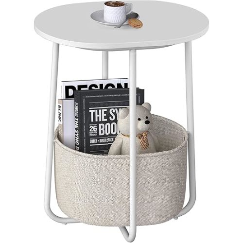 TUTOTAK Small Side Table, Oval End Table, Night Stand, Bedside Table, Sofa Table with Cloth Storage Basket, Living Room, Bed Room, White TB01BW063