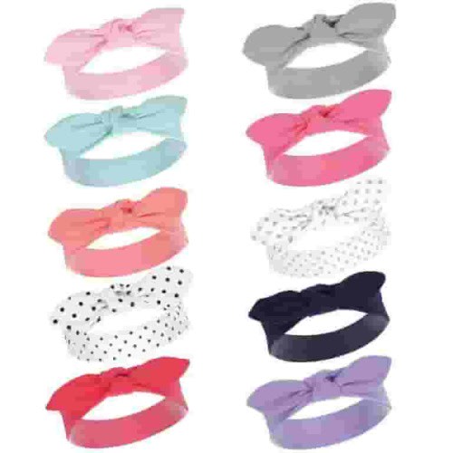 Hudson Baby Newborn Girl's Cotton Head Wraps 10pk, Bow Design, Bright Colors, 0-24 Months
