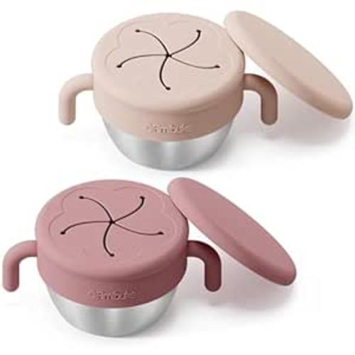 Fimibuke Snack Containers for Toddlers Kids, 12 OZ Spill Proof Stainless Steel Baby Snack Cups with Removable Silicone Food Catcher, Handles & Travel Lid BPA-Free Dishwasher Safe Food Container 2 Pack