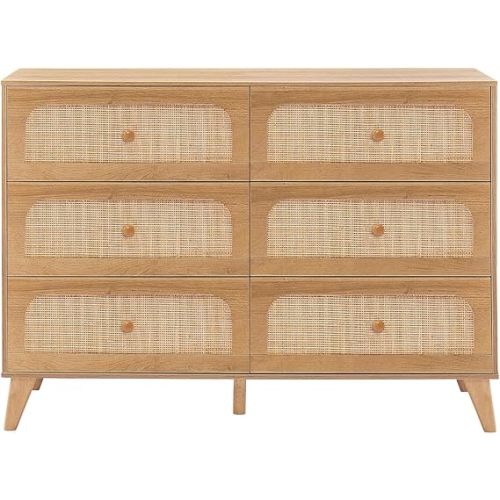 Rattan 6 Drawers Dresser for Bedroom,Natural Brown Mid-Century Modern Organizer for Closet Bedroom,Hallway,Entryway