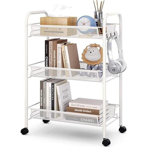 TOOLF 3-Tier Metal Rolling Cart, Mesh Wire Easy Assemble Utility Cart, Storage Trolley on Wheels with 3 Hooks, MetalStorage Shelving Units for Kitchen Bathroom Laundry Room