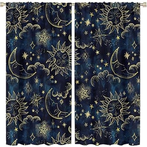 Sun and Moon Blackout Curtains Bohemian Hippie Art Theme Indian Boho Outer Space Cosmos Sun Moon Stars Print Pattern Window Drapes for Living Room Office 2 Panels 42"X 63"