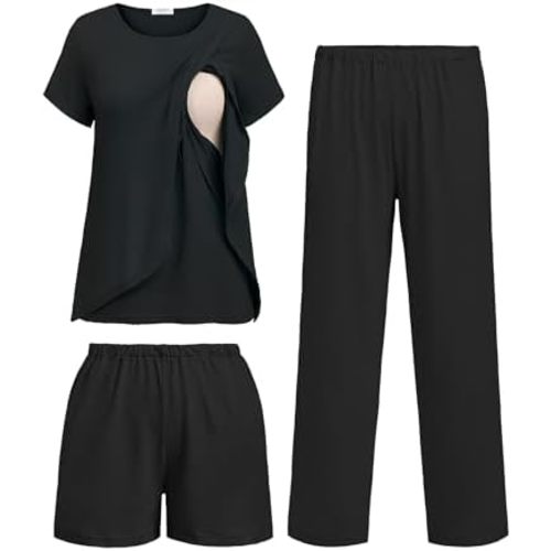 Ekouaer 3 PCS Maternity Nursing Pajamas Set Postpartum Breastfeeding Short Sleeve Shirts, Pregnancy Shorts & Pants Pjs S-XXL