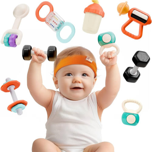 iPlay, iLearn Baby First Gym Rattle Set, Infant Dumbbell Weights Teething Rattles 3-6-12 Month, Newborn Workout Sensory Stroller Toy, Babies Birthday Shower Gift 5 7 8 9 10 Month Toddler Boy Girl-7PCS