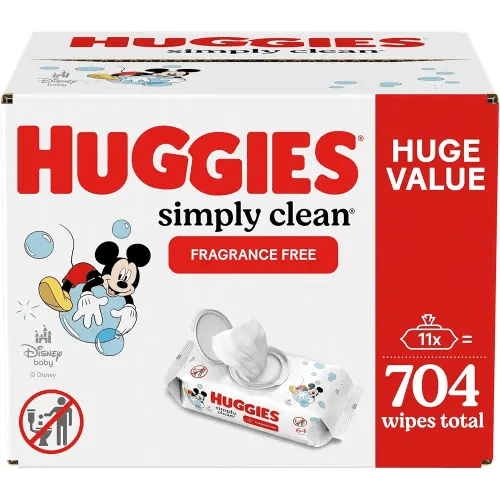 Huggies Simply Clean Fragrance-Free Baby Wipes, Unscented Diaper Wipes, 11 Flip-Top Packs (704 Wipes Total)
