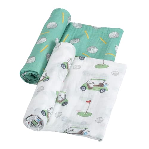 LollyBanks Swaddle Blanket 100% Cotton, 2 Pack Muslin Swaddle Blankets, 47 x 47 inches Baby Swaddles for Boys and Girls, Lightweight Baby Blanket, Registry (Golf Print)