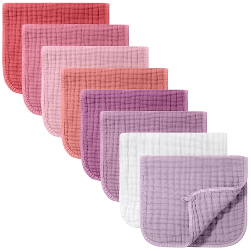 Remagr 8 Packs Muslin Burp Cloths 6 Layers Unisex Baby Items Absorbent Burp Rags Colorful Muslin Washcloths for Baby Plain Soft Cotton Cloth for Babies Girls Boys, 10 x 20 Inch (Vivid Colors)