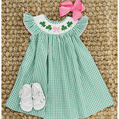 Shamrock & Bow Smocked Bishop Dress in Gingham - St. Patrick's Day – Pleats and Stitches
