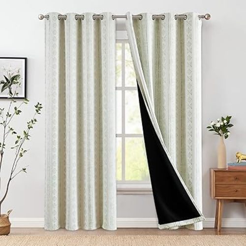 jinchan 95% Blackout Boho Curtains 84 Inch Longes for Bedroom Sage Green on Beige Geometric Printed Grommet Top Room Darkening Thermal Insulated Window Drapes 2 Panels