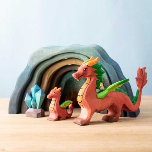 Dragons Set with Cave and Crystal | Handcrafted Wooden Fantasy Figures | Waldorf and Montessori Inspired Imaginative Play Made by Bumbu Toys