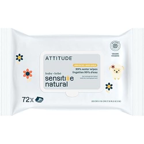 ATTITUDE Baby Wipes Unscented, For Sensitive Skin with Oat, Natural Origin, Dermatollogically Tested​, For Babies, Toddlers & Kids, Chamomile Extract, EWG Verified​, 72 Count