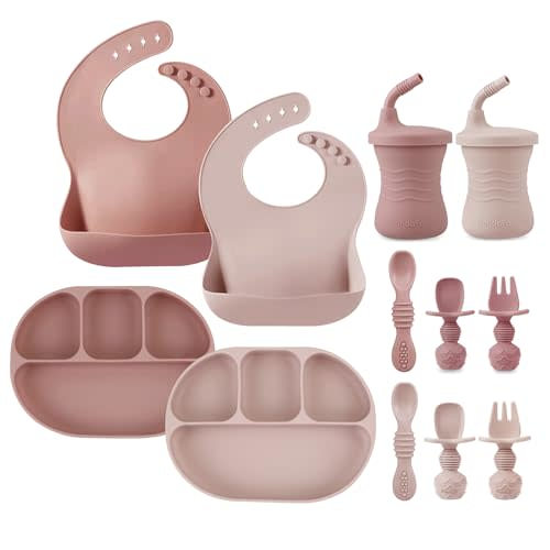 PandaEar 12PCS Silicone Baby Feeding Set | 2 Sectioned Baby Suction Plate, 2 Baby Bibs, 2 Toddler Cup, 4 Baby Spoons & 2 Baby Forks | Baby Led Weaning Supplies