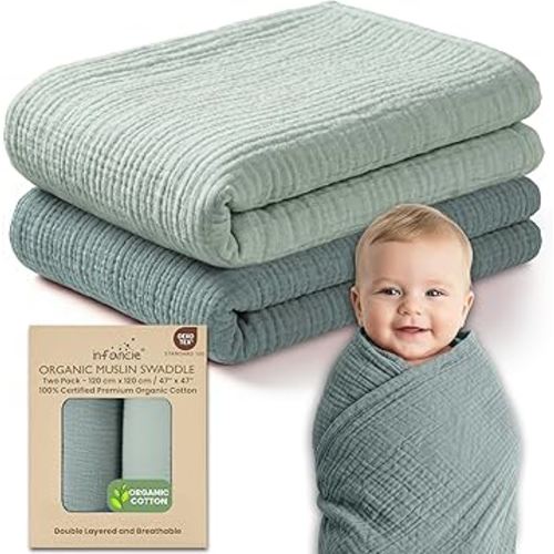 100% Organic Cotton Muslin Baby Blanket - 47 x 47 Inch Breathable Swaddle Blankets for Newborns, Hypoallergenic Double-Layer, Soft and Cozy Baby Blankets for Everyday Use (Green/Mint Green)