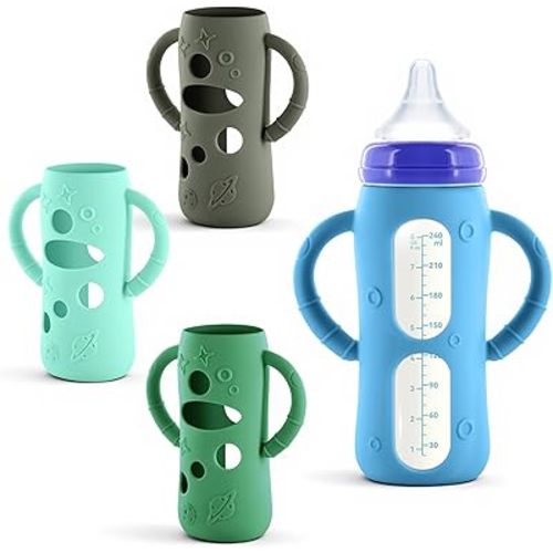 DANACNPE 4-Pack Silicone Sleeves for Lansinoh Glass Bottles 8 oz- Starry Sky Design Baby Bottle Holder with Handles,Protectors for Lansinoh Natural Wave Glass Bottles, Anti-Scald Feeding Supplies