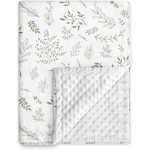 GLLQUEN BABY Blankets for Unisex Boys Girls, Muslin Cotton Front Soft and Breathable, and Dotted Fleece Backing, Printed Bed Nursery Minky Blankets for Toddler Newborn, Greenery, 30 x 40 inches
