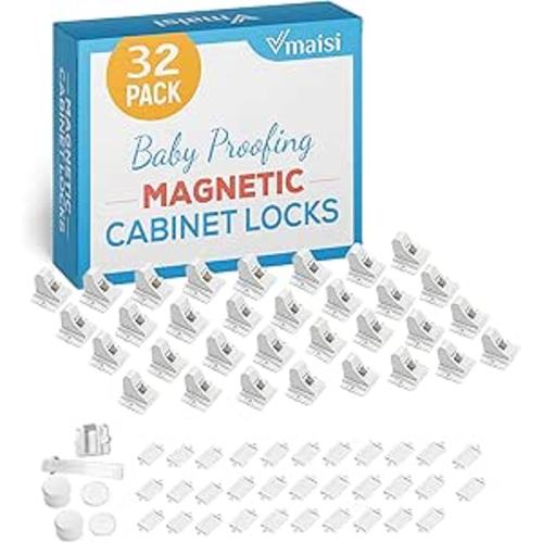 Vmaisi Adhesive Magnetic Locks for Cabinets & Drawers (32 Locks and 4 Keys)