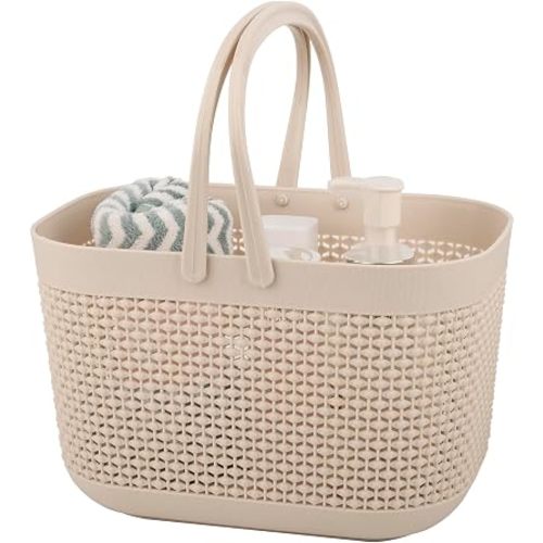 Plastic Protable Shower Caddy Basket, Storage Organizer with Handle, Beige