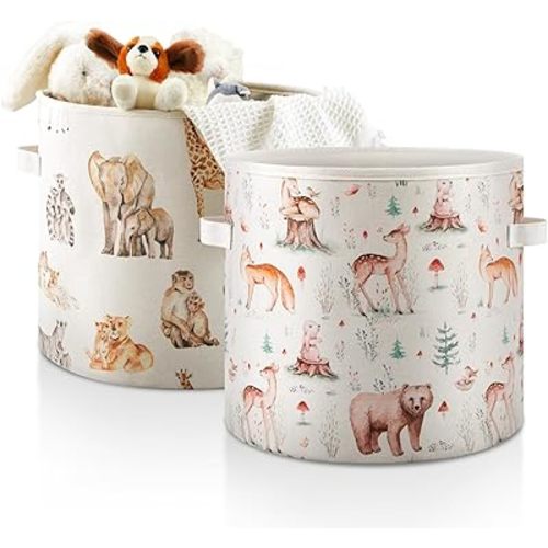 2 Pcs Woodland Animal Baby Laundry Basket Woodland Animal Nursery Decor Cute Baby Laundry Hamper with Handle Storage Toy Bins Gift Basket for Boys Girl Nursery Dorm Room Bathroom Bedroom
