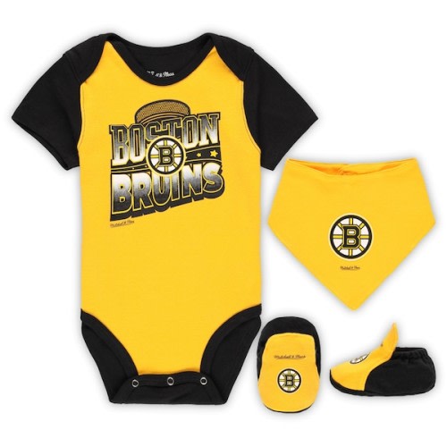 Boston Bruins Mitchell & Ness Infant Big Score 3-Pack Bodysuit, Bib and Bootie Set - Gold/Black