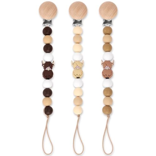 Gicoherero Highland Cow Pacifier Clip Silicone Animal Pacifier Holder Chain Clips for Baby Toddler Newborn Set of 3