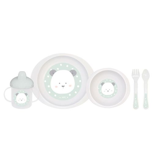 SARO Hunter Mint Green 5 Piece Baby Feeding Set: Plate, Bowl, Two-Handle Cup, Spoon & Fork - Microwave & Dishwasher Safe