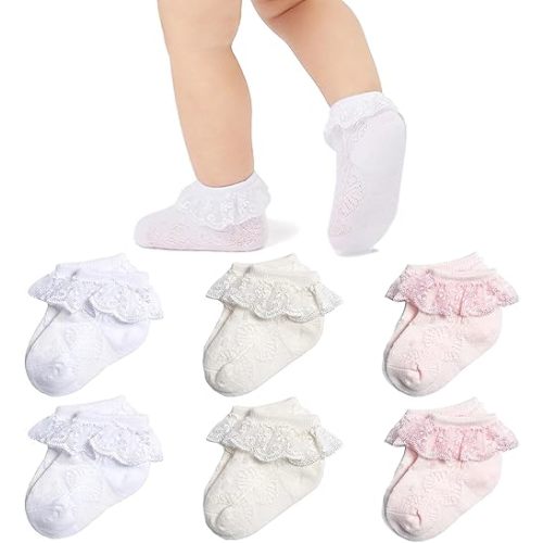 Baby Lace Socks Baby Girl Double/Eyelet Lace Ruffle Frilly Socks for Newborn Infant and toddlers Gift Set
