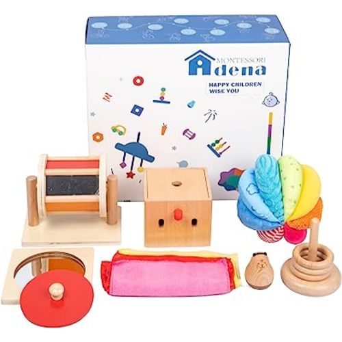 Adena Montessori Play Kit for 5-6 Months Baby,8 in 1 Learning Educational Toys for Toddler,Include Rainbow Spining Drum,Mirror Puzzle,Baby Tissue Box and More,Christmas Birthday Gift for Boys Girl