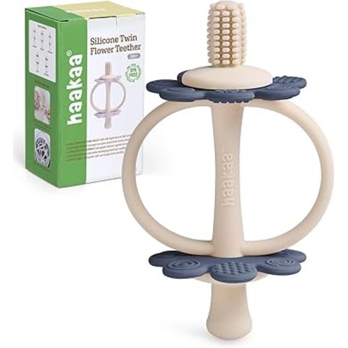 haakaa Silicone Teething Toy,Nipple-Shaped End for Gum Massage,360° Baby Toothbrush Head for Self-Brushing Training,Easy to Grip-Steel Blue