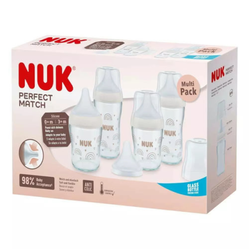 NUK Perfect Match Multipack of Glass Bottles 4pk Set Temperature Control | Anti Colic Vent | • Kia Ora Baby