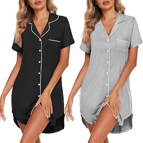 Ekouaer 2 Pack Nightgowns for Women Button Down Sleepshirts Short Sleeve Sleepwear V Neck Nightshirt Pajama Dress