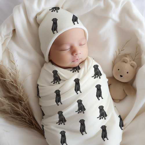 Watercolor Black Lab Baby Swaddle Blanket (A) Black Labrador Baby Blanket Animal Print Baby Beanie Gift for Newborn Labradoodle Lover Gift
