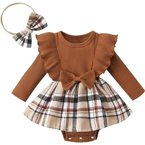 Madjtlqy Toddler Baby Girl Fall Winter Outfit Set Plaid Romper Dress Ruffles Long Sleeve Clothes Jumpsuit with Bow Headband