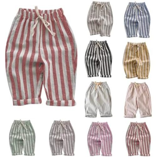 Boys Striped Pants Toddler Baby Linen Harem Pants Soft Comfortable Stretchy Drawstring Elastic Waisted Trousers